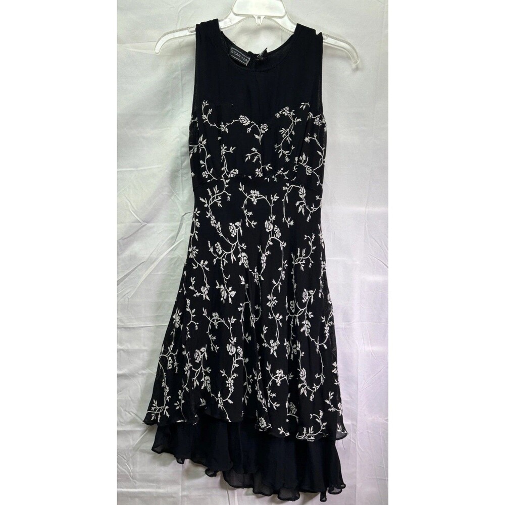 VTG 90s Starina Black White Floral Rayon Midi Dress L Whimsigoth Asymmetrical